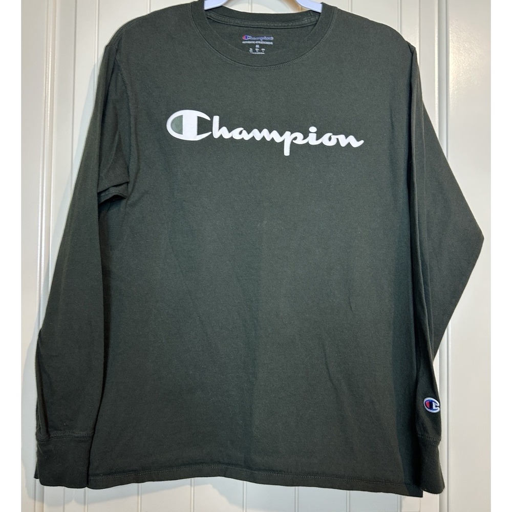 Champion Long‎ Sleeve T-shirts green script spell out sz M